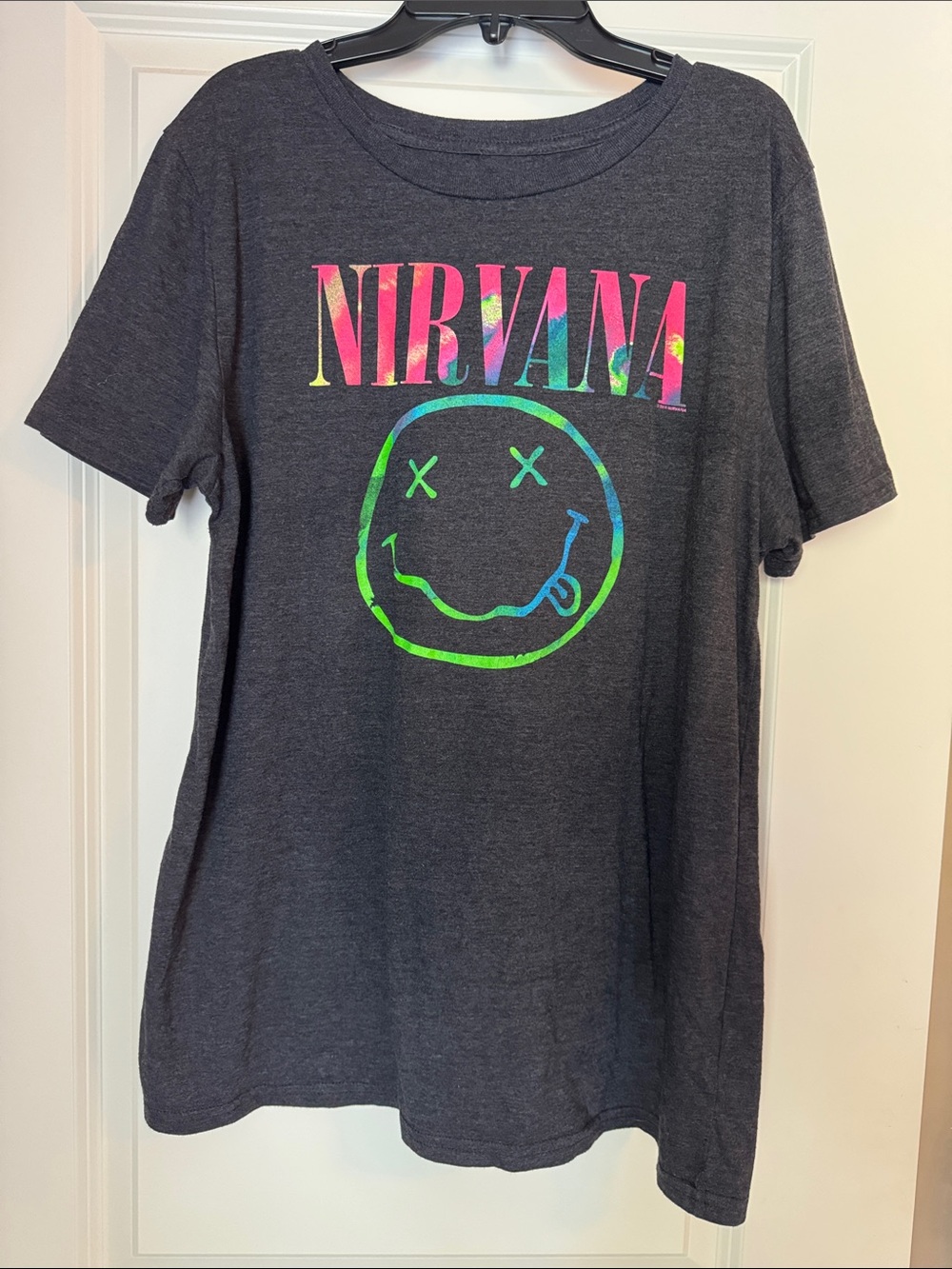 NIRVANA womens’ Charcoal Tee with Neon Tie-Dye Logo